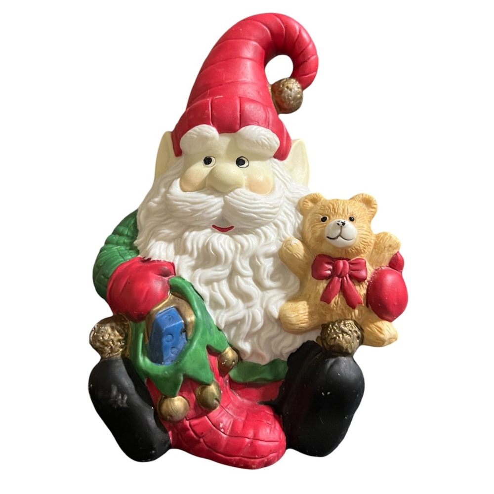 Vintage Painted Ceramic Santa Gnome / Elf Holding Teddy Bear & Stocking Figurine